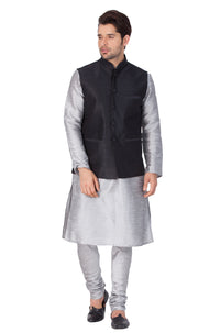 Thumbnail for Vastramay Men's Grey Silk Blend Jacket, Kurta and Pyjama Set - Distacart