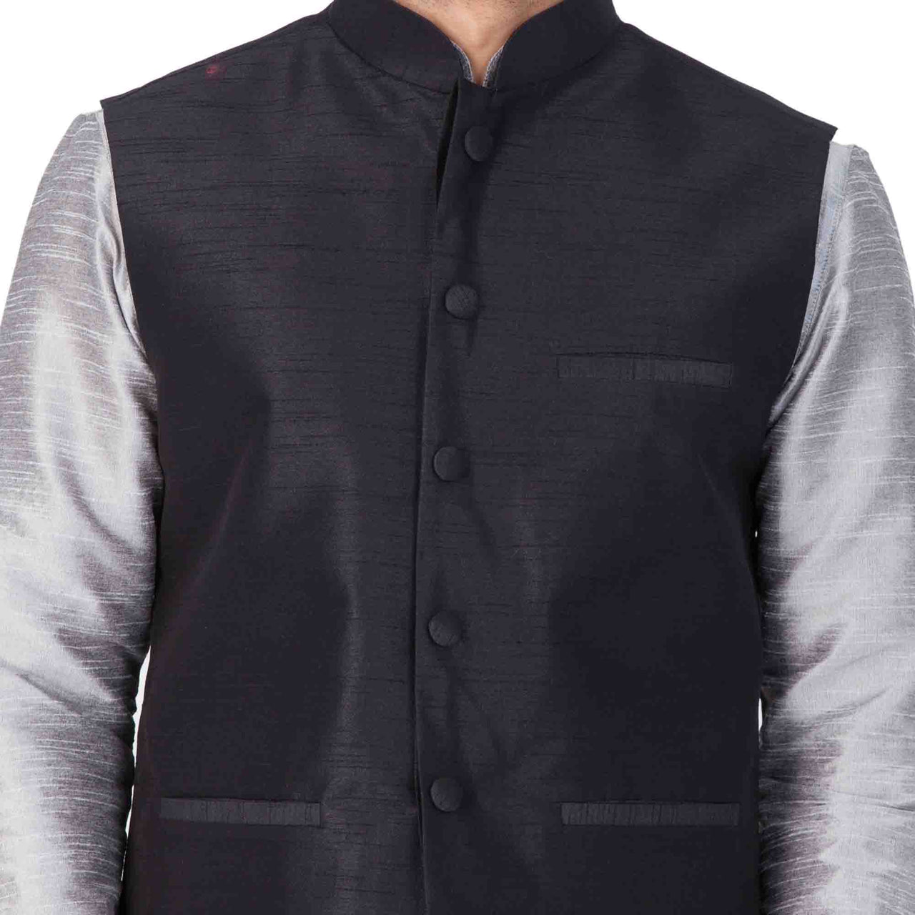 Vastramay Men's Grey Silk Blend Jacket, Kurta and Pyjama Set - Distacart