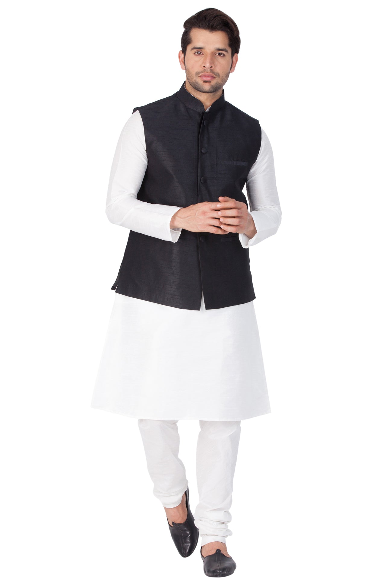 Vastramay Men's White Silk Blend Jacket, Kurta and Pyjama Set - Distacart