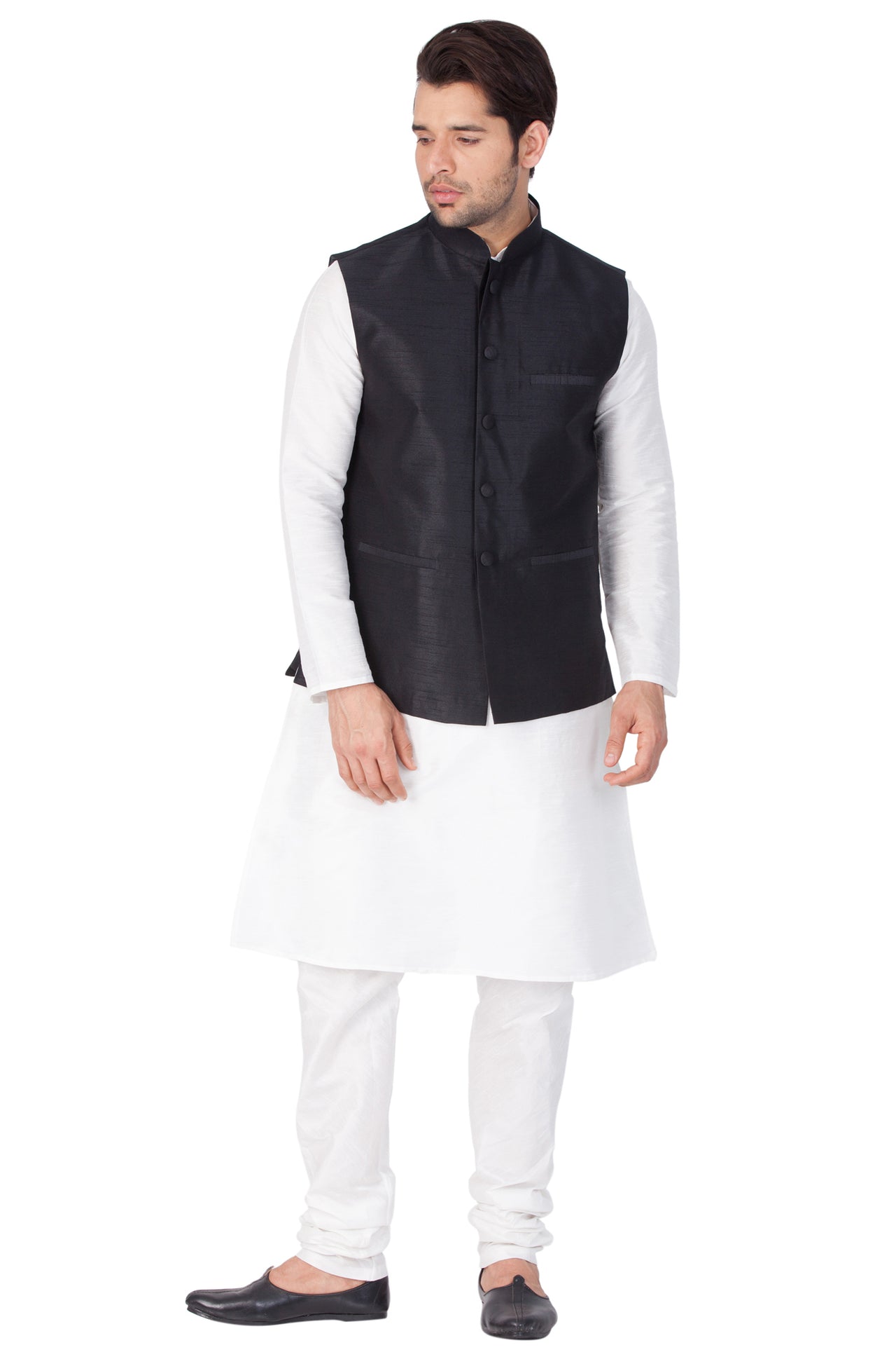 Vastramay Men's White Silk Blend Jacket, Kurta and Pyjama Set - Distacart