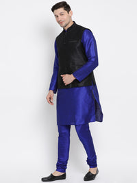 Thumbnail for Vastramay Men's Blue Silk Blend Jacket, Kurta and Pyjama Set - Distacart