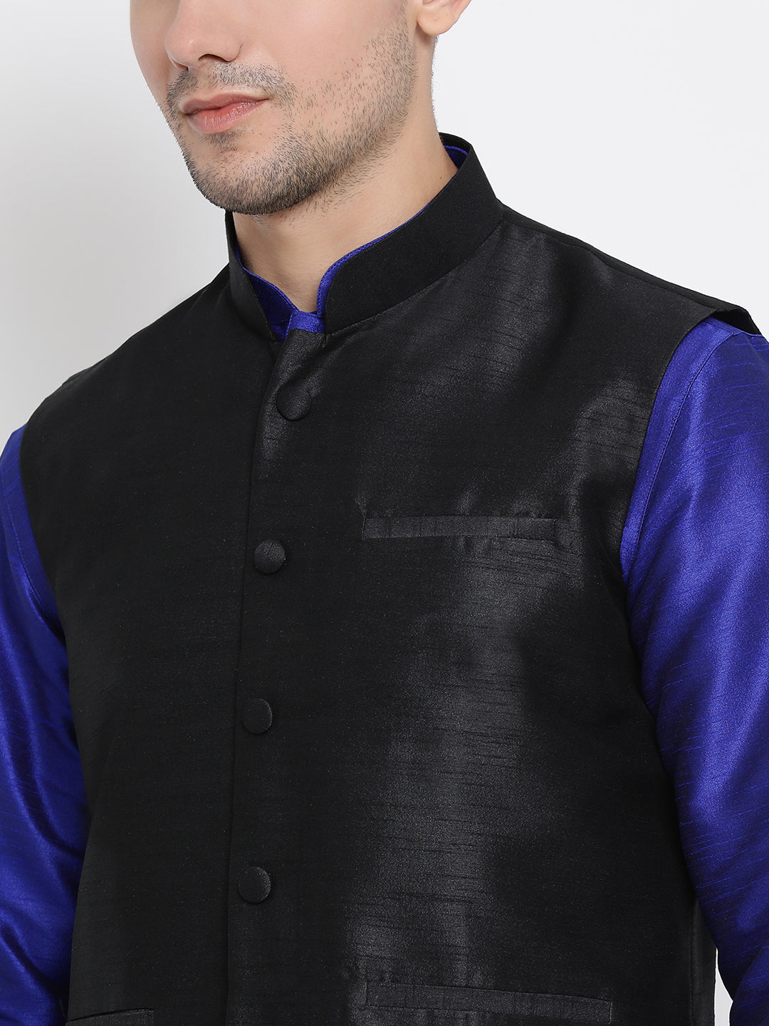 Vastramay Men's Blue Silk Blend Jacket, Kurta and Pyjama Set - Distacart