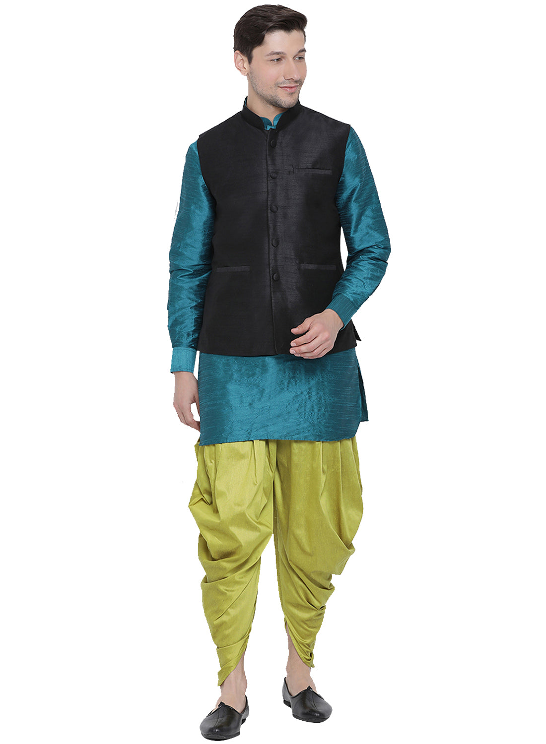 Vastramay Men's Dark Blue Silk Blend Jacket, Kurta and Dhoti Set - Distacart