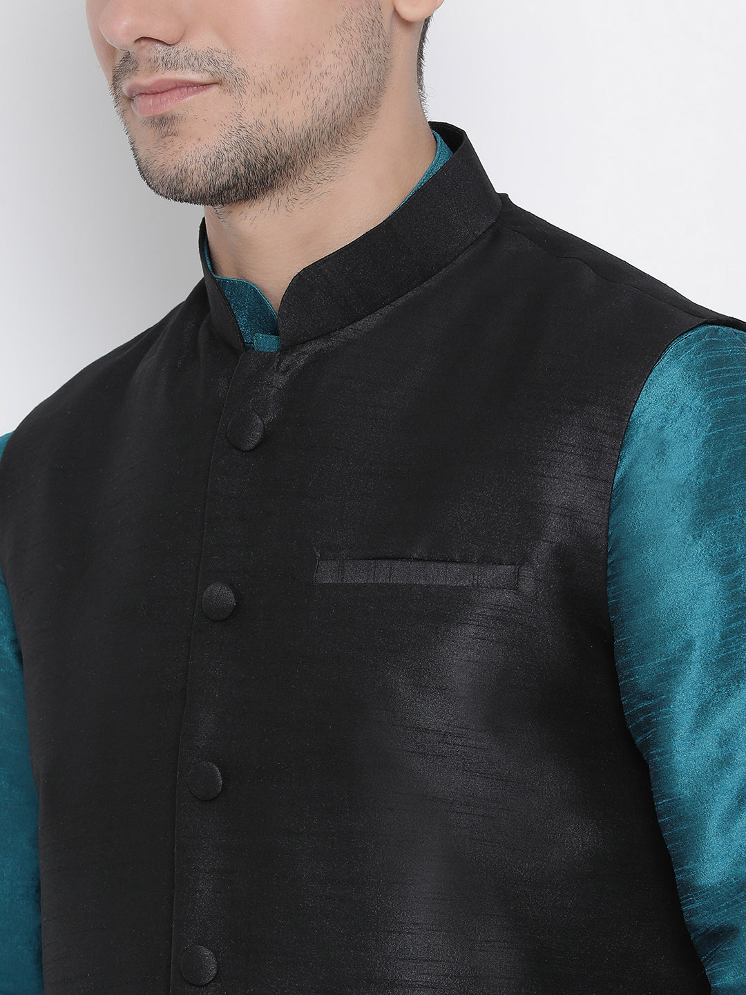 Vastramay Men's Dark Blue Silk Blend Jacket, Kurta and Dhoti Set - Distacart