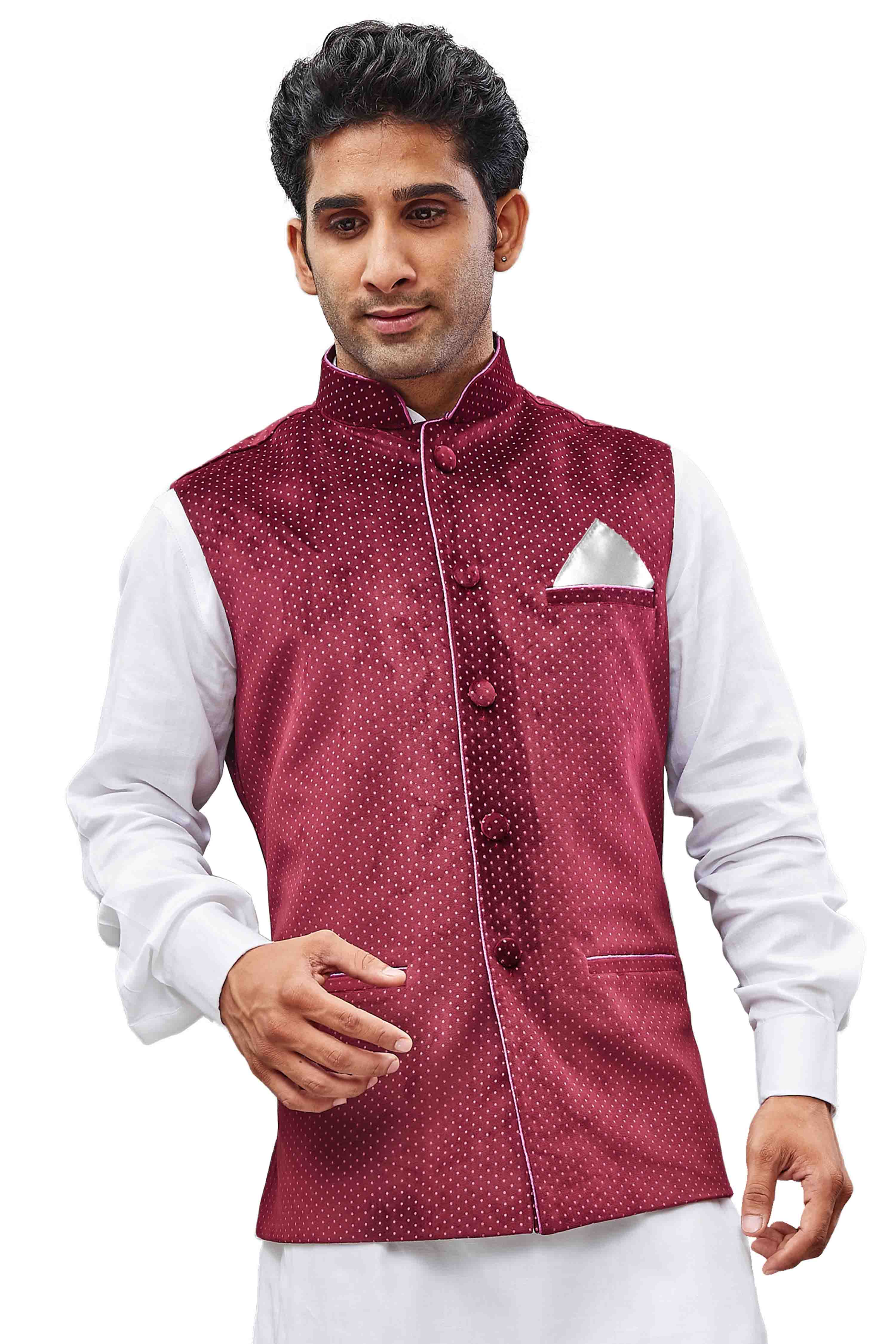 Buy Men's Maroon Silk Embosed design Nehru Jacket Online — Karmaplace