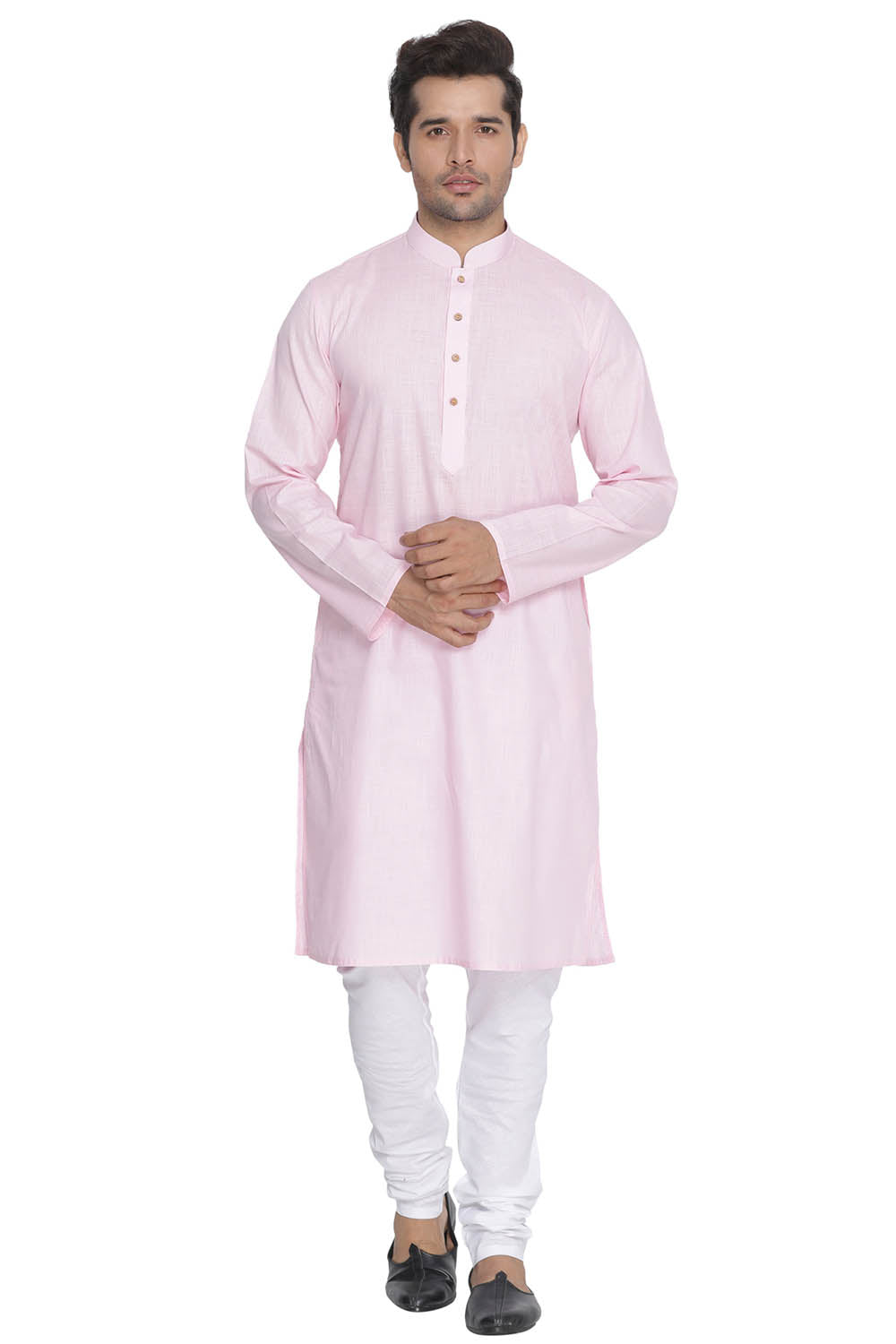 Vastramay Men's Pink Cotton Linen Blend Kurta Pyjama Set - Distacart