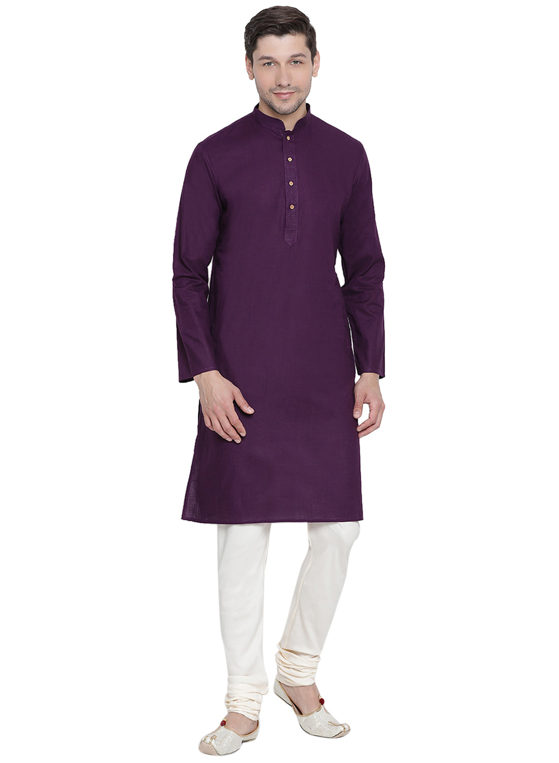 Vastramay Men's Purple Cotton Linen Blend Kurta Pyjama Set - Distacart