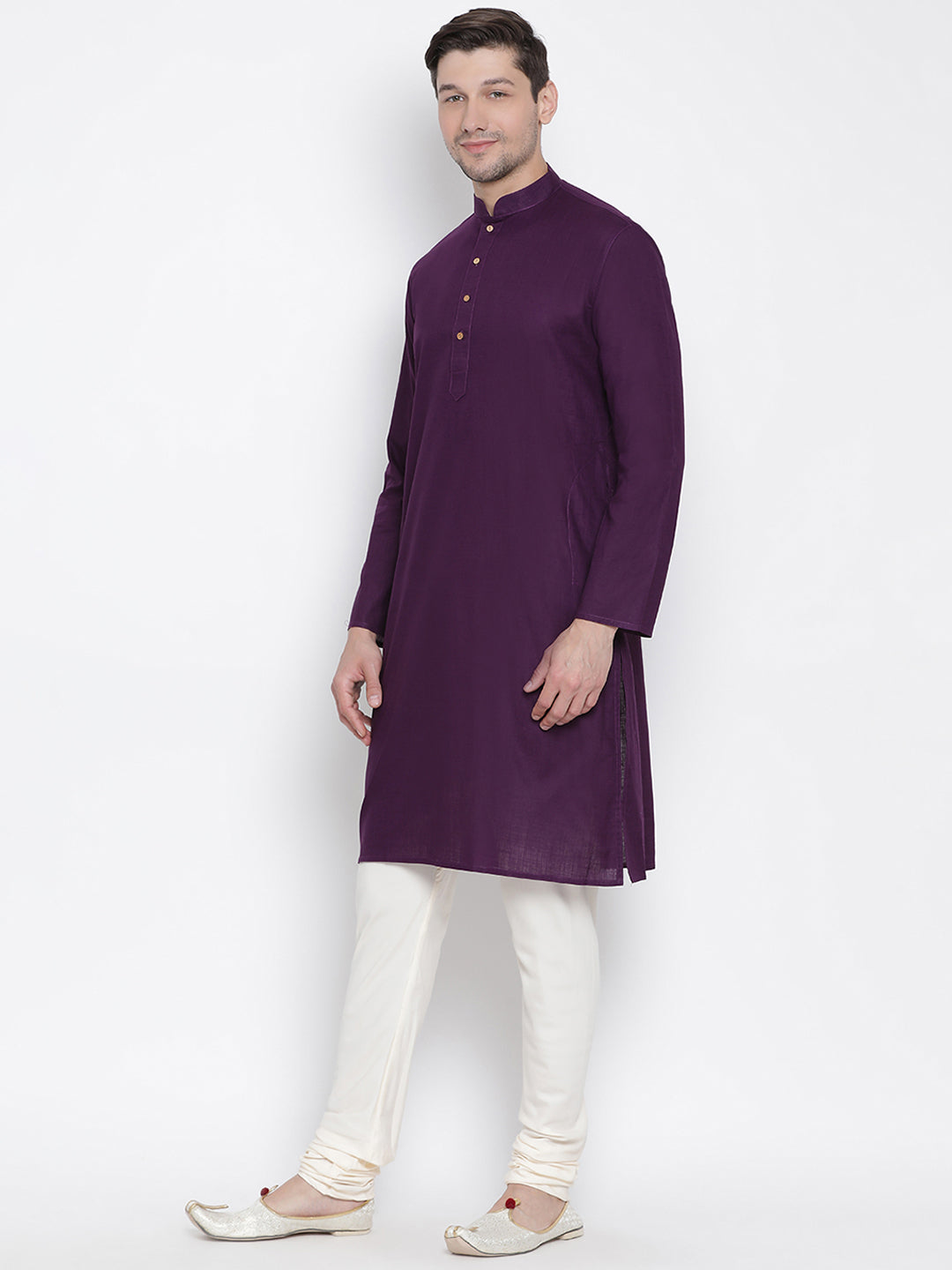 Vastramay Men's Purple Cotton Linen Blend Kurta Pyjama Set - Distacart