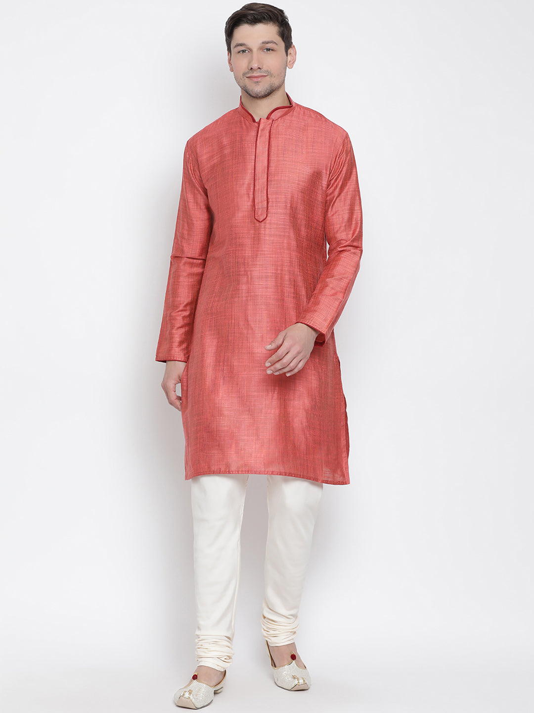 Vastramay Men's Pink Cotton Silk Kurta Pyjama Set - Distacart