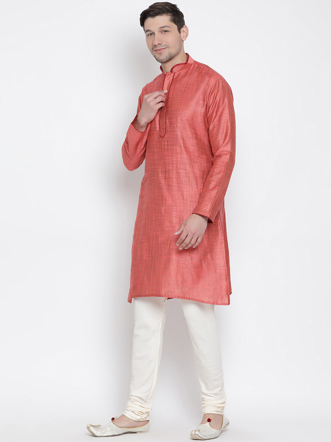 Vastramay Men's Pink Cotton Silk Kurta Pyjama Set - Distacart