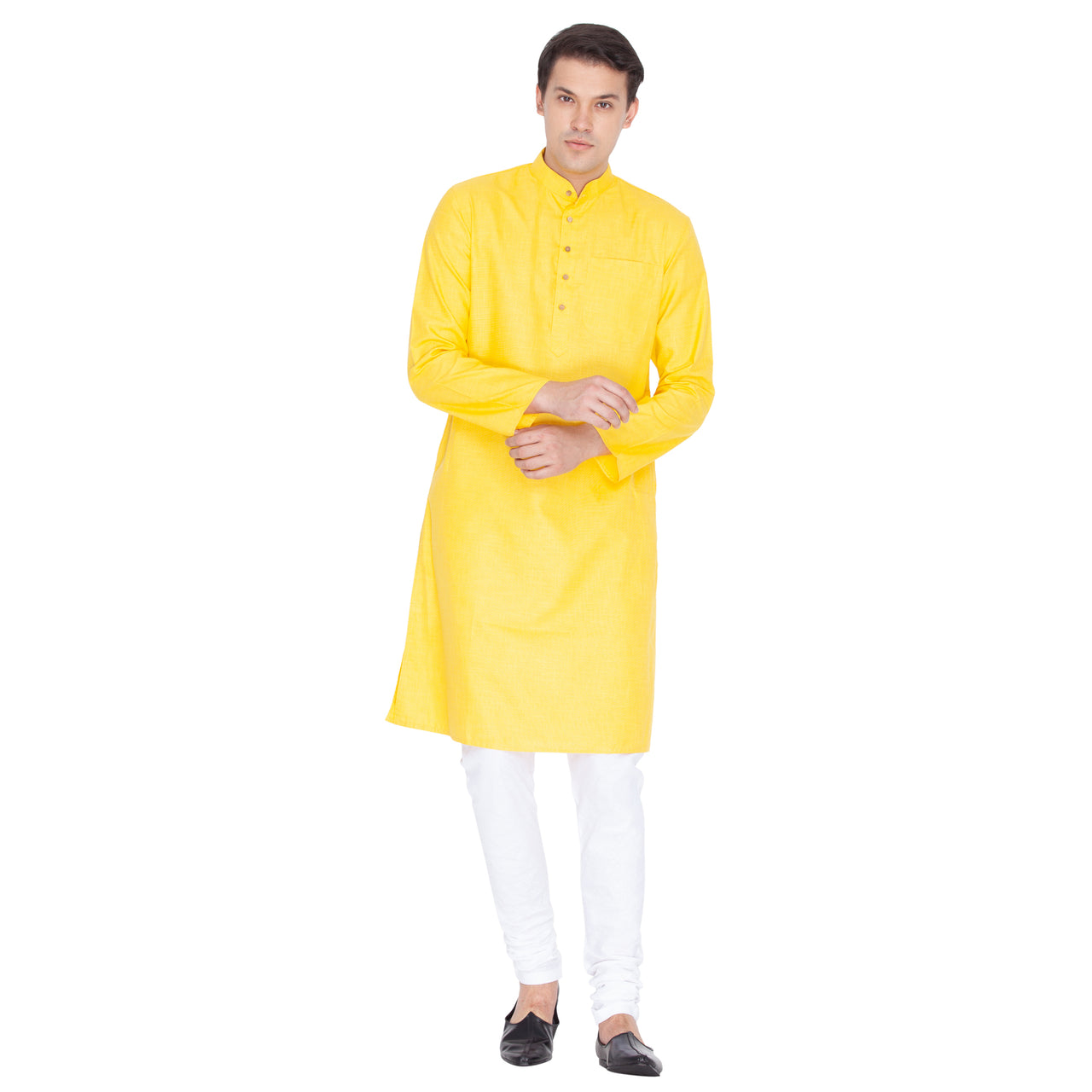 Vastramay Men's Yellow Cotton Linen Blend Kurta Pyjama Set - Distacart