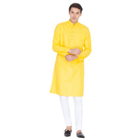 Thumbnail for Vastramay Men's Yellow Cotton Linen Blend Kurta Pyjama Set - Distacart