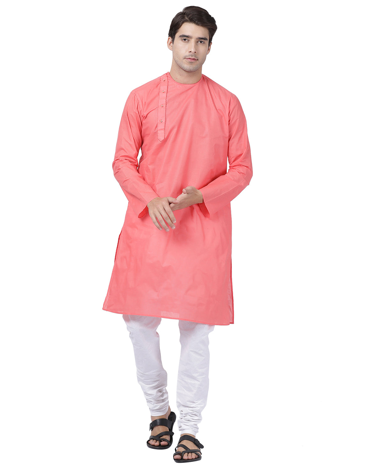 Vastramay Men's Pink Cotton Blend Kurta Pyjama Set - Distacart