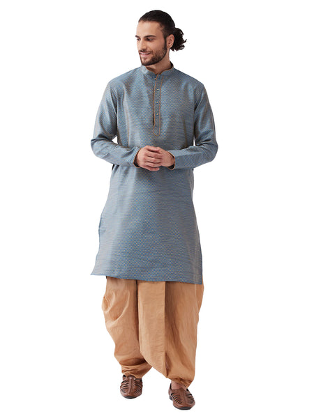 Vastramay Men's Aqua Blue And Rose Gold Silk Blend Kurta And Dhoti Set - Distacart