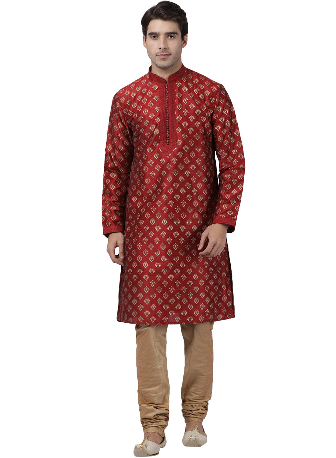 Vastramay Men's Maroon Silk Blend Kurta Pyjama Set - Distacart