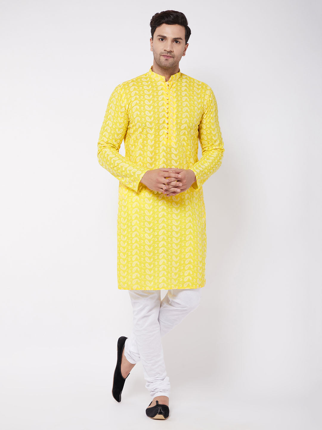 Vastramay Men's Mustard And White Pure Cotton Kurta Pyjama Set - Distacart