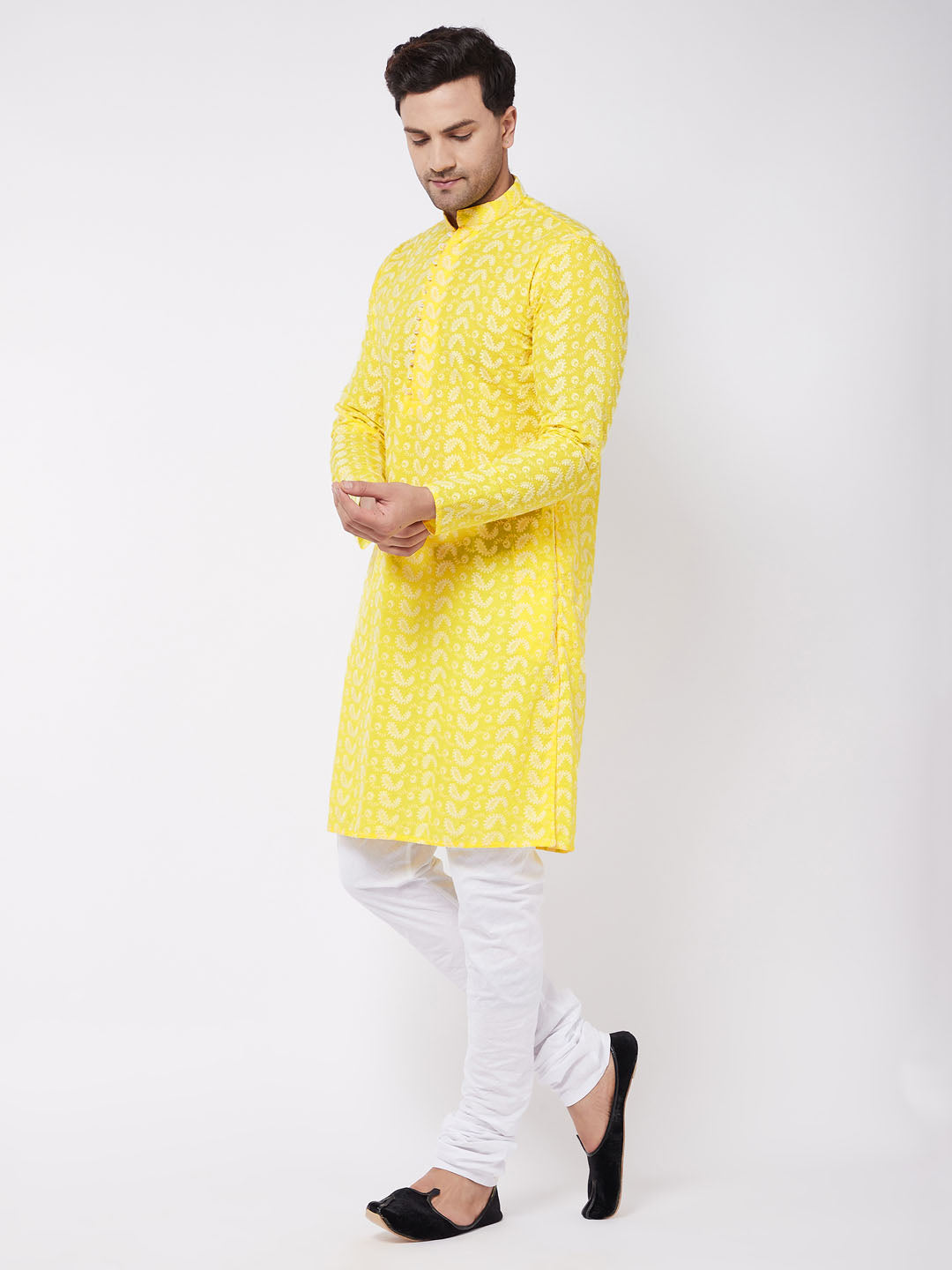 Vastramay Men's Mustard And White Pure Cotton Kurta Pyjama Set - Distacart