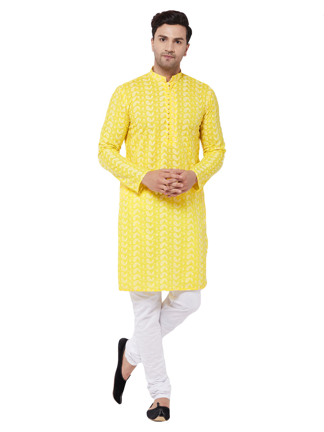 Vastramay Men's Mustard And White Pure Cotton Kurta Pyjama Set - Distacart