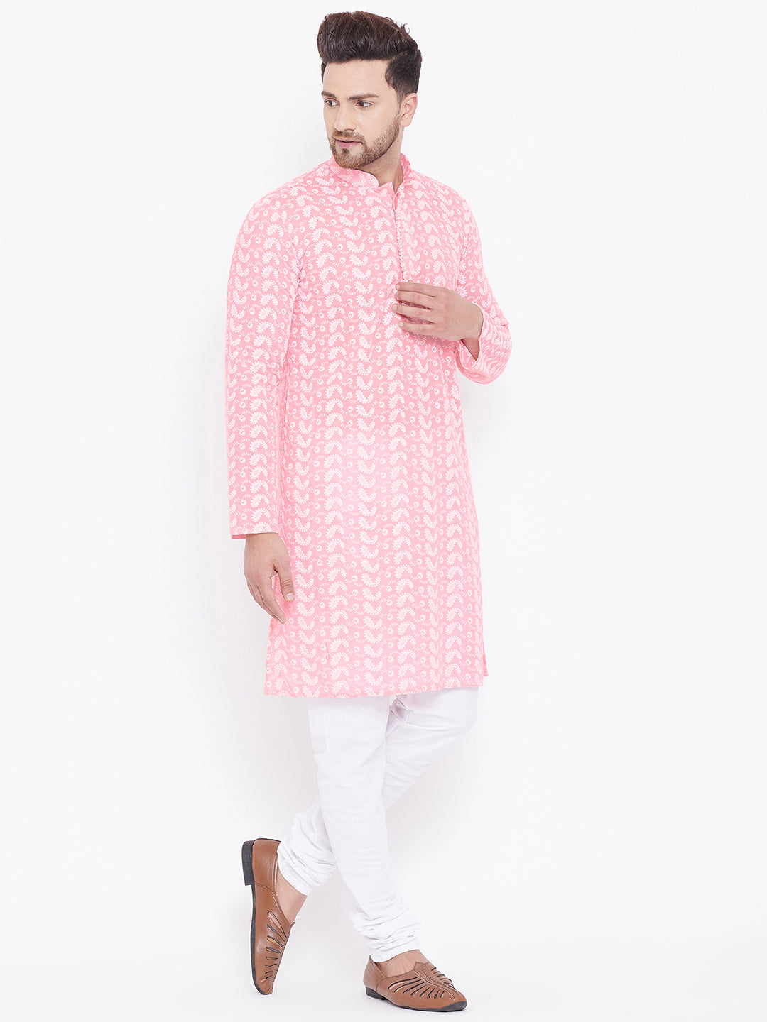 Vastramay Men's Pink and White Cotton Kurta Pyjama Set - Distacart