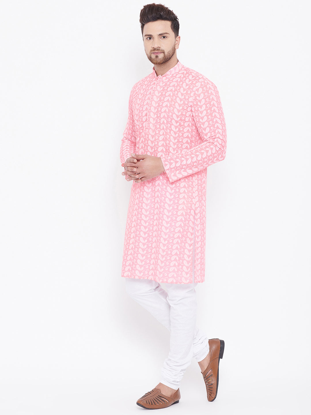 Vastramay Men's Pink and White Cotton Kurta Pyjama Set - Distacart