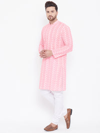 Thumbnail for Vastramay Men's Pink and White Cotton Kurta Pyjama Set - Distacart