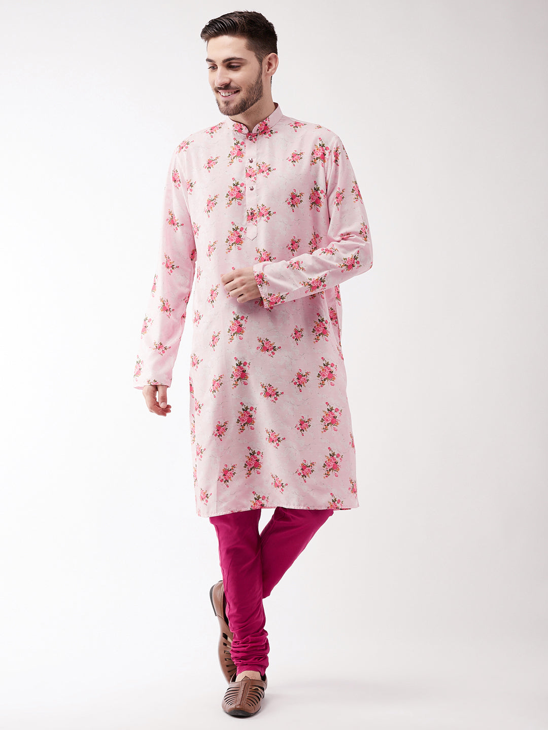 Vastramay Men's Multicolor-Base-Pink Muslin Blend Kurta Pyjama Set - Distacart