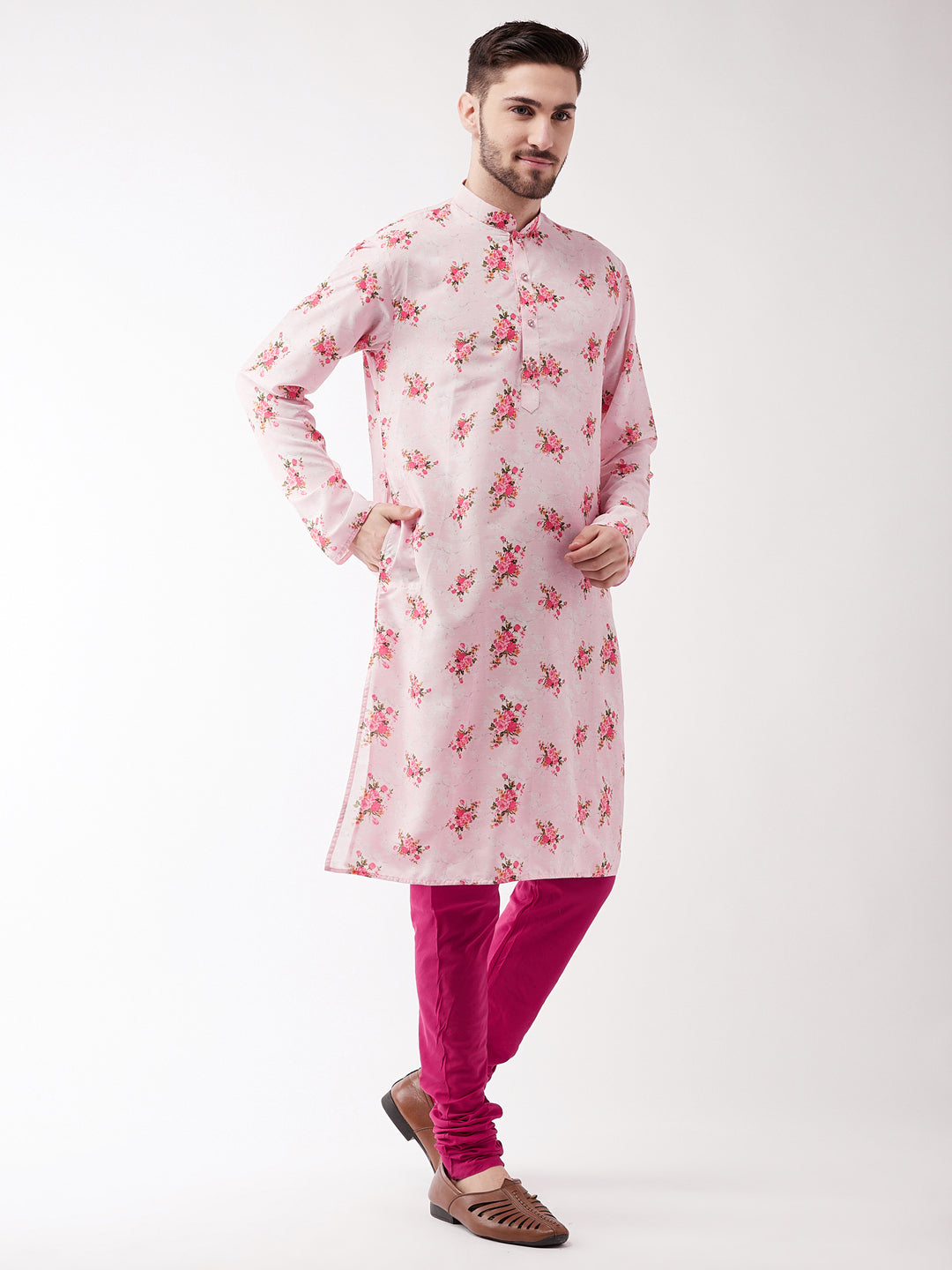 Vastramay Men's Multicolor-Base-Pink Muslin Blend Kurta Pyjama Set - Distacart