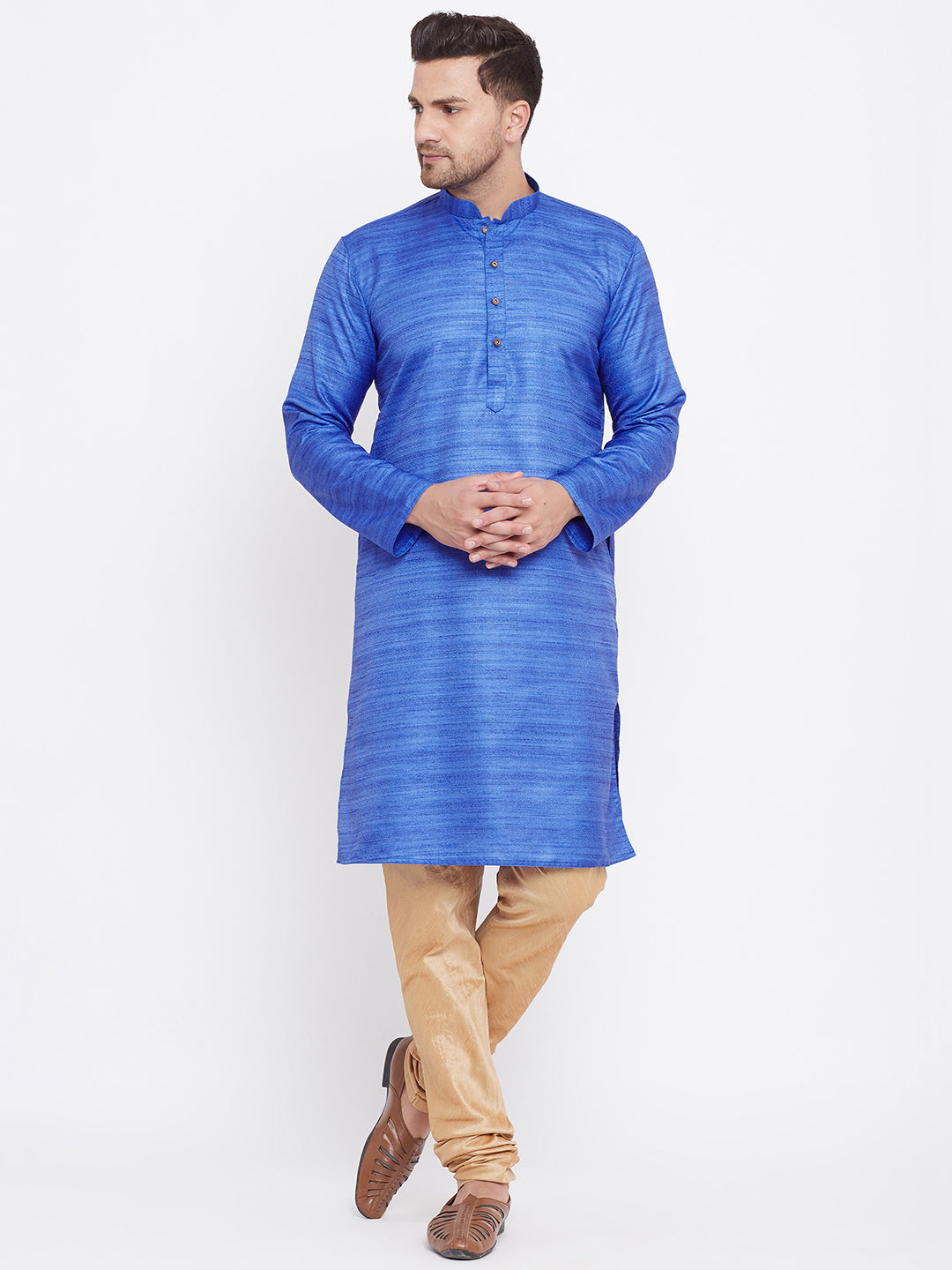 Vastramay Men's Blue And Rose Gold Silk Blend Kurta Pyjama Set - Distacart