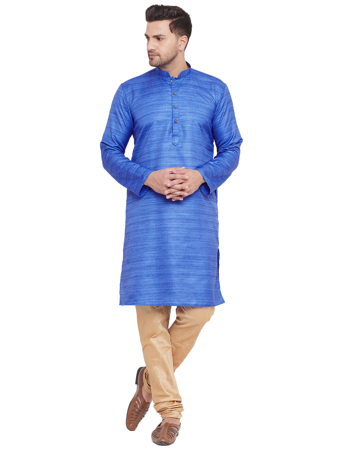 Vastramay Men's Blue And Rose Gold Silk Blend Kurta Pyjama Set - Distacart