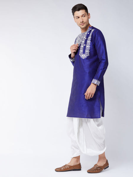 Vastramay Men's Blue And White Silk Blend Kurta And Dhoti Set - Distacart