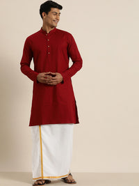 Thumbnail for Vastramay Men's Maroon and White Cotton Blend Kurta And Mundu Set - Distacart