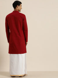 Thumbnail for Vastramay Men's Maroon and White Cotton Blend Kurta And Mundu Set - Distacart