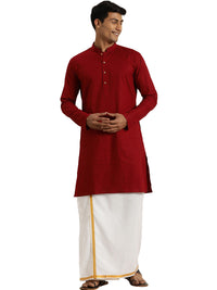 Thumbnail for Vastramay Men's Maroon and White Cotton Blend Kurta And Mundu Set - Distacart