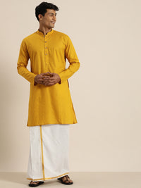 Thumbnail for Vastramay Men's Mustard and White Cotton Blend Kurta And Mundu Set - Distacart