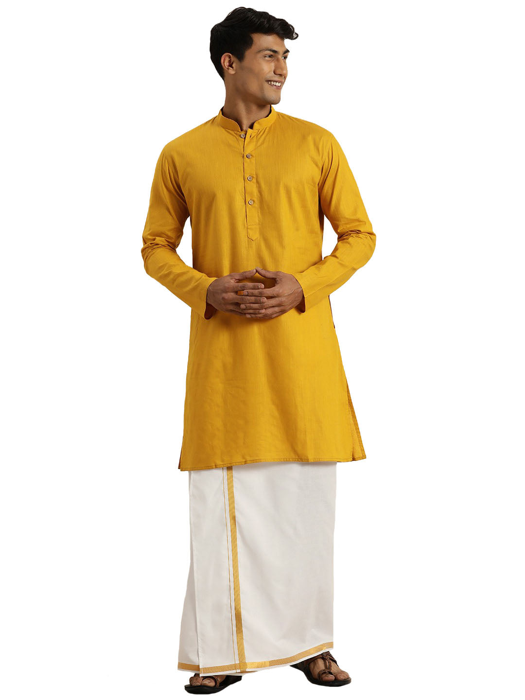 Vastramay Men's Mustard and White Cotton Blend Kurta And Mundu Set - Distacart