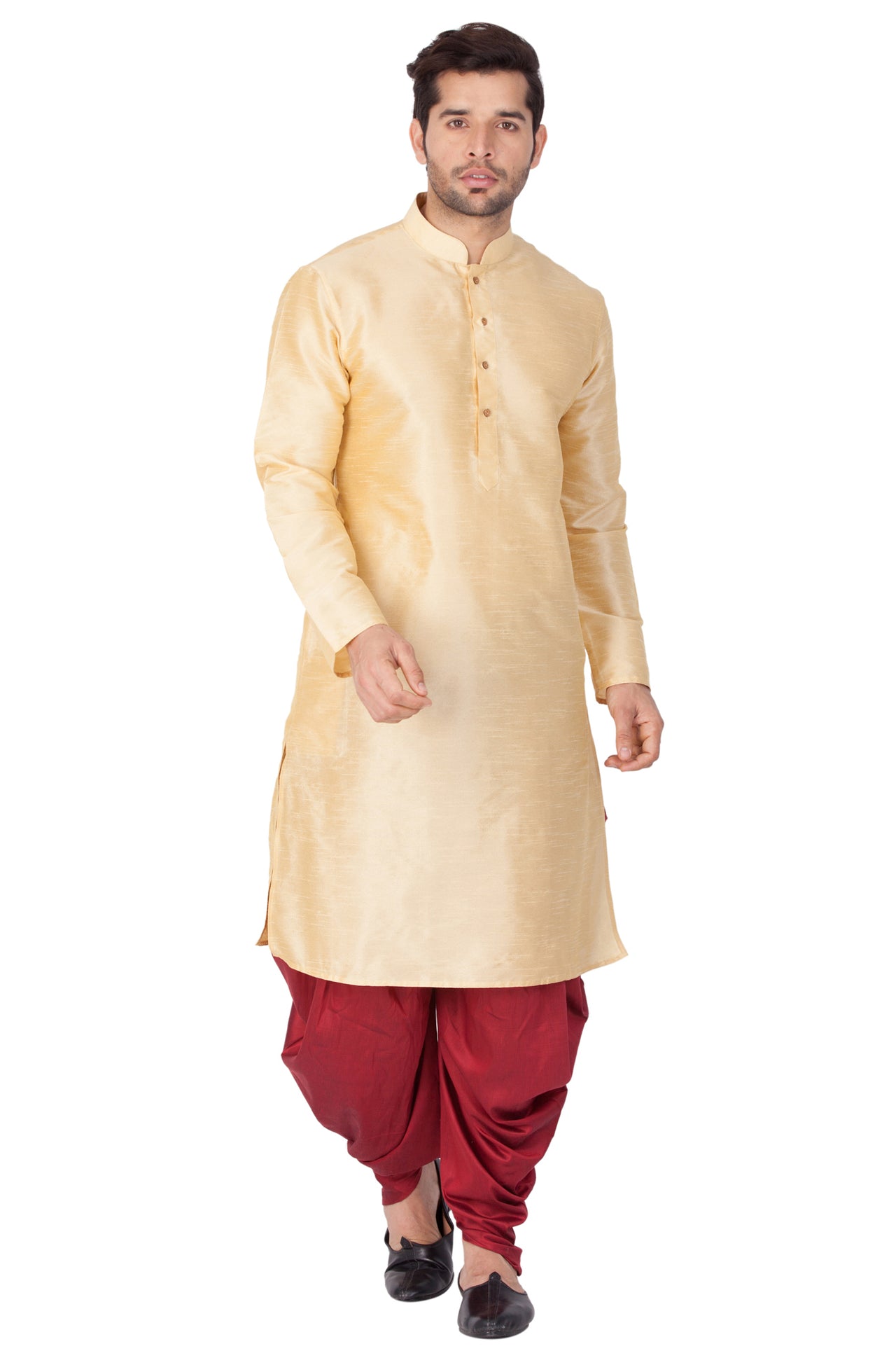 Vastramay Men's Gold Silk Blend Kurta and Dhoti Set - Distacart