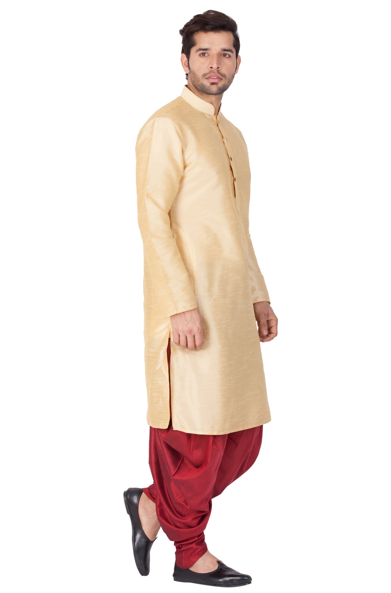 Vastramay Men's Gold Silk Blend Kurta and Dhoti Set - Distacart