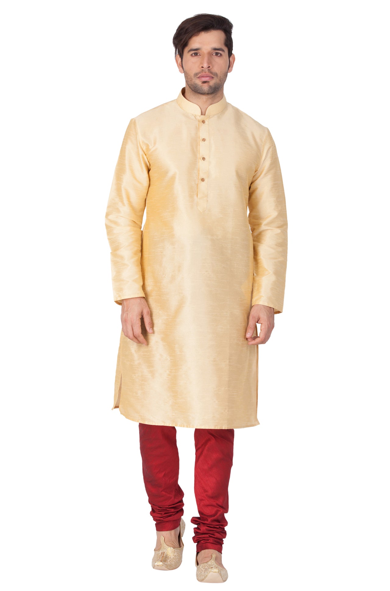 Vastramay Men's Gold Silk Blend Kurta Pyjama Set - Distacart