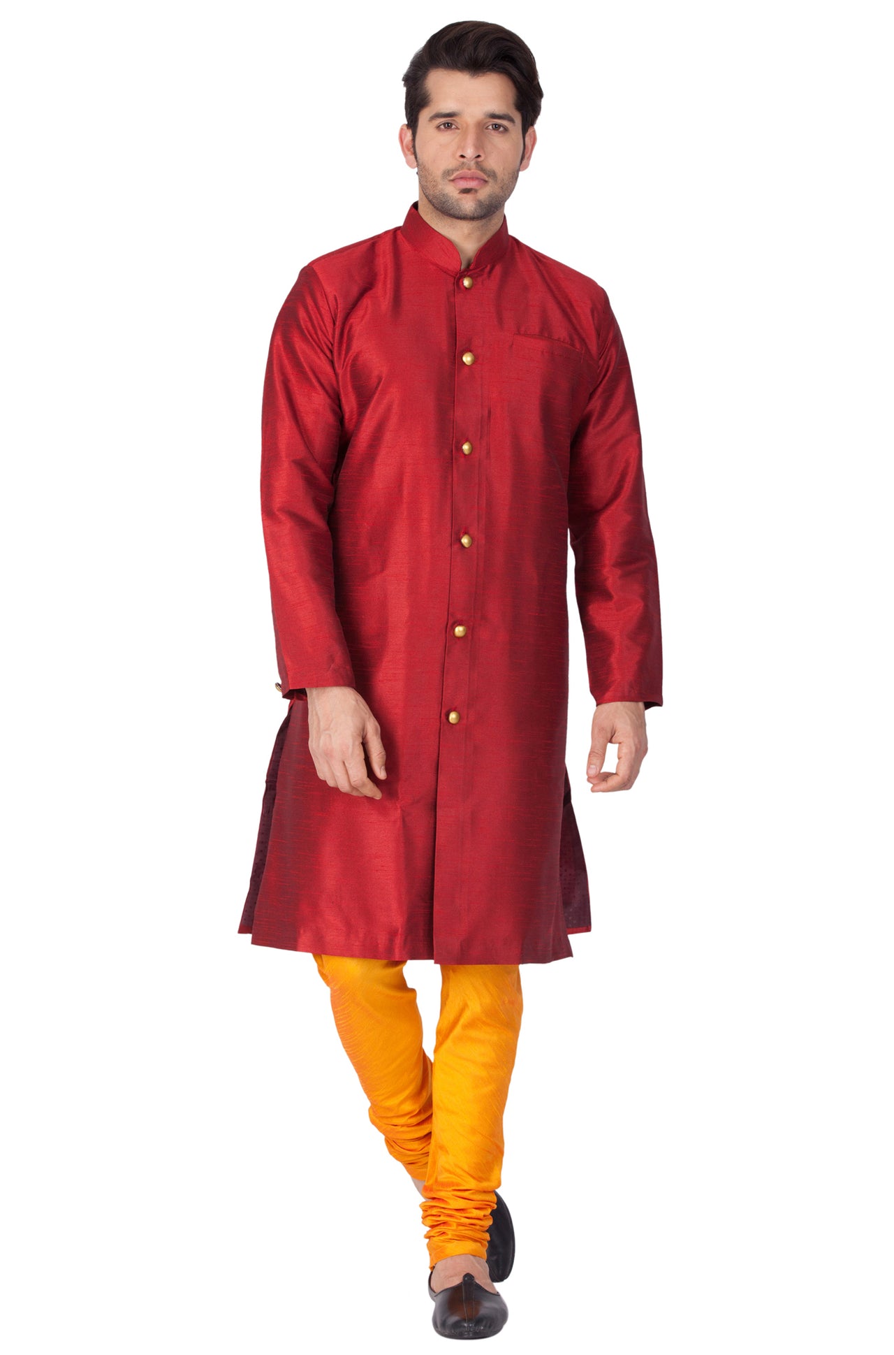 Vastramay Men's Maroon Silk Blend Sherwani Set - Distacart