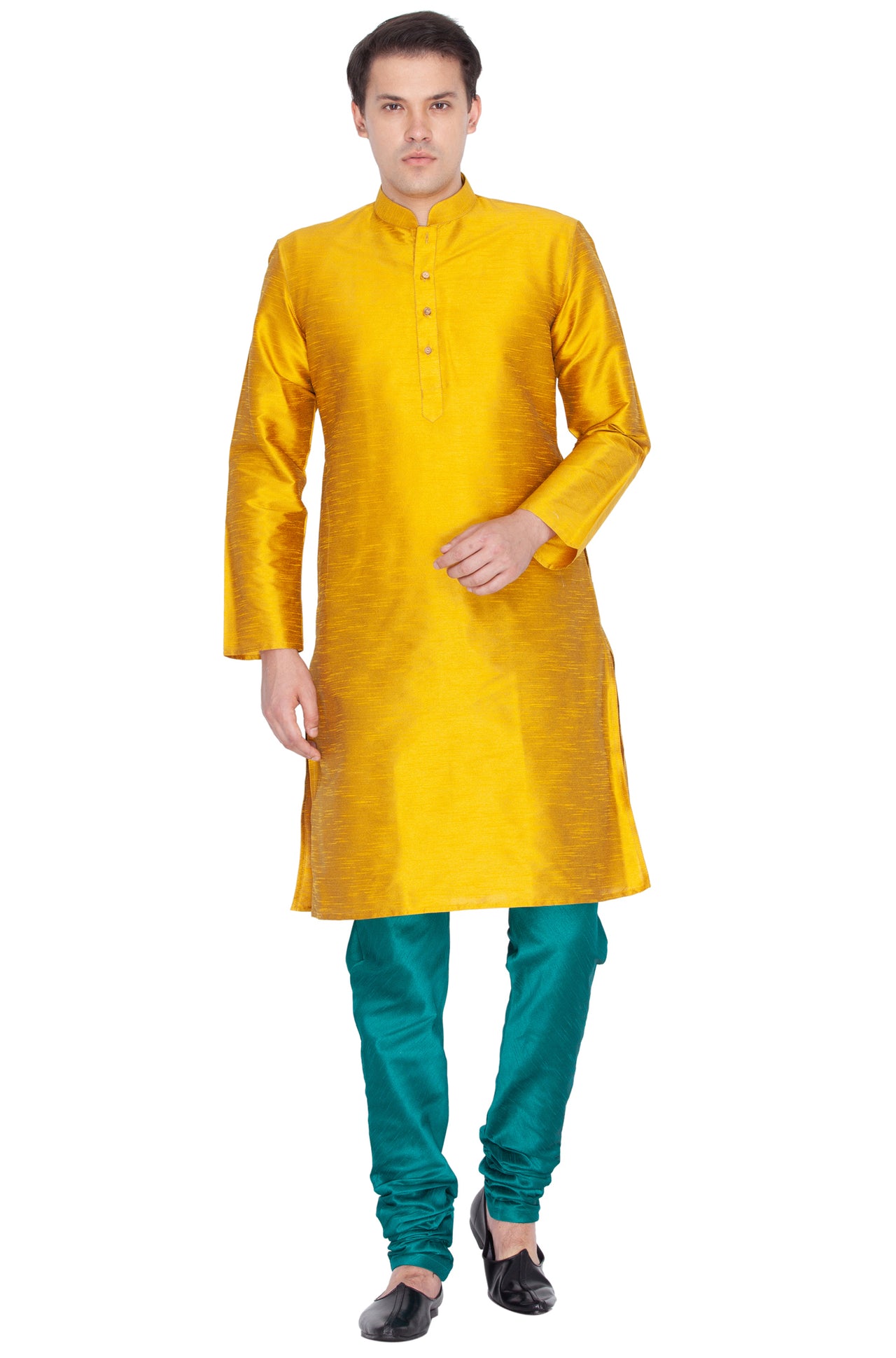 Vastramay Men's Gold Silk Blend Kurta Pyjama Set - Distacart