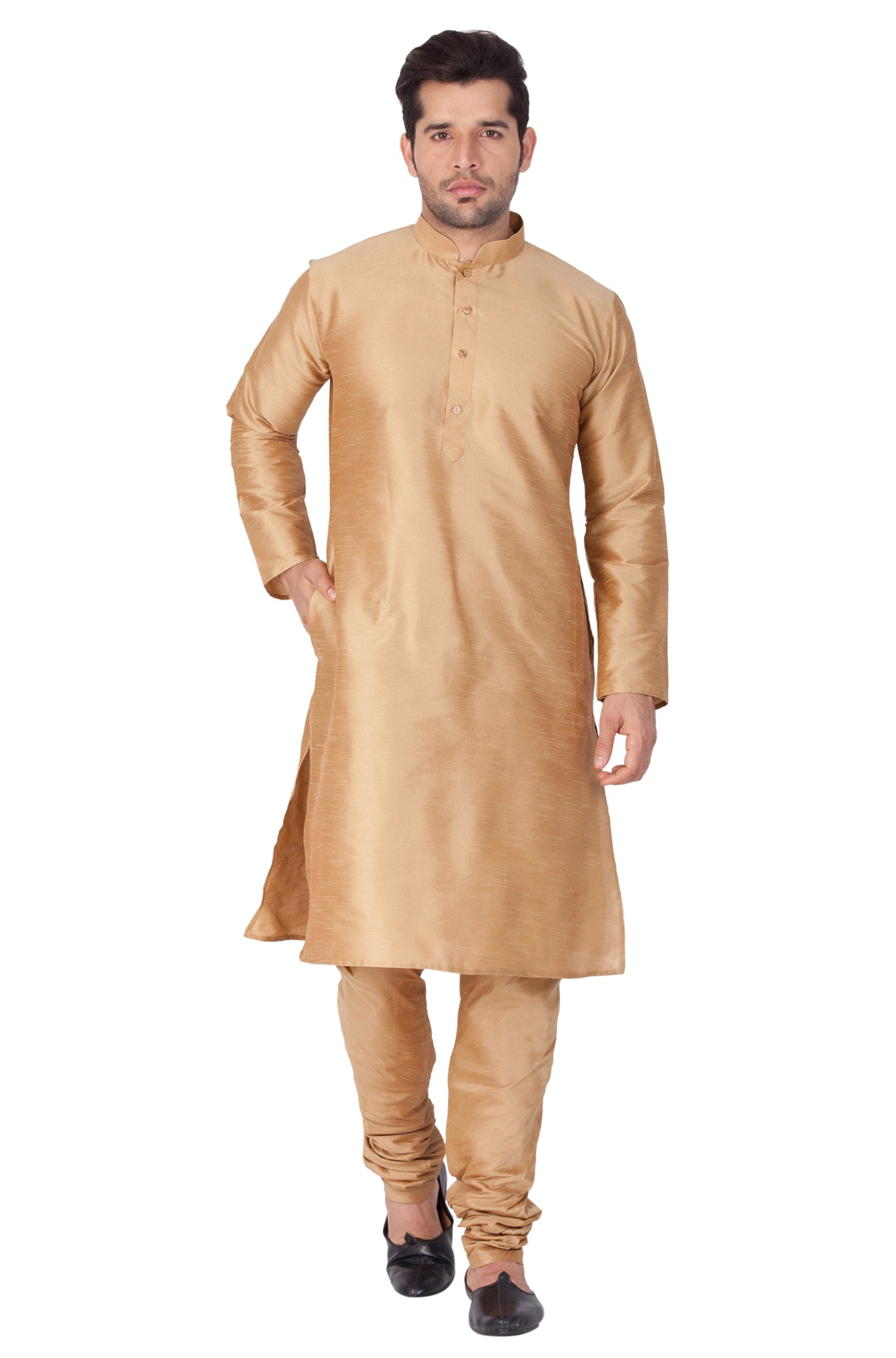 Vastramay Men's Gold Silk Blend Kurta Pyjama Set - Distacart