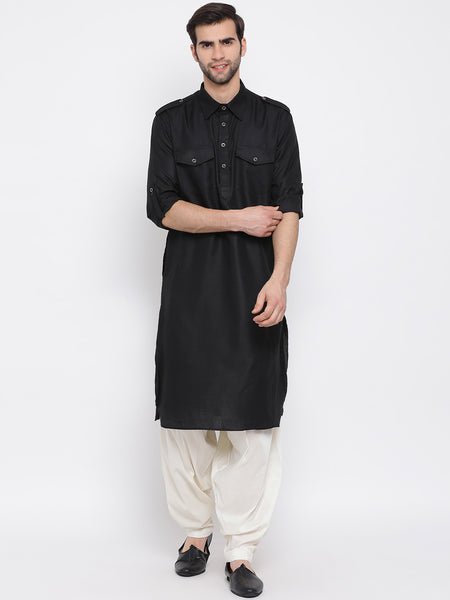 Vastramay Men's Black Cotton Blend Pathani Kurta Set - Distacart