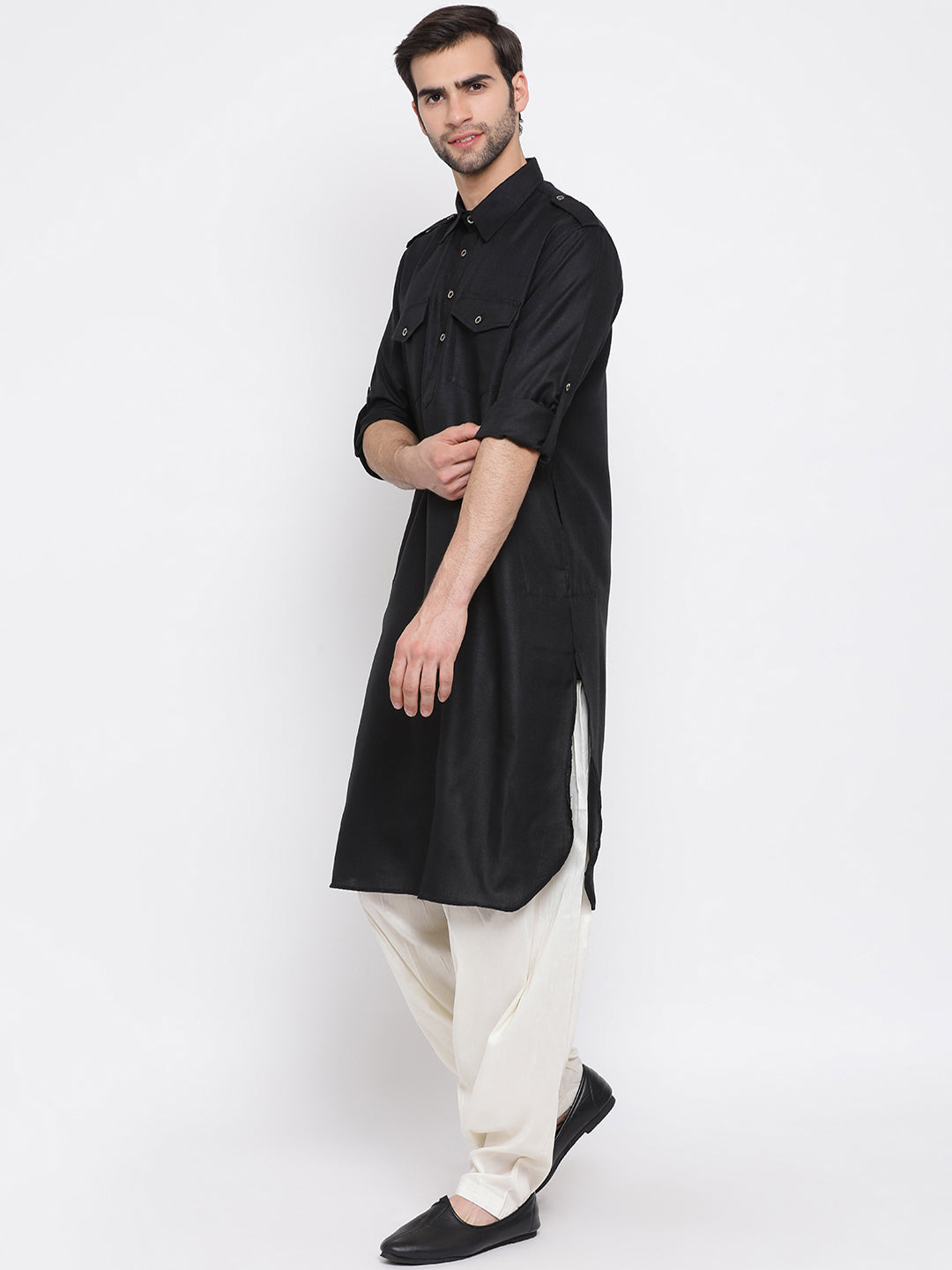 Vastramay Men's Black Cotton Blend Pathani Kurta Set - Distacart