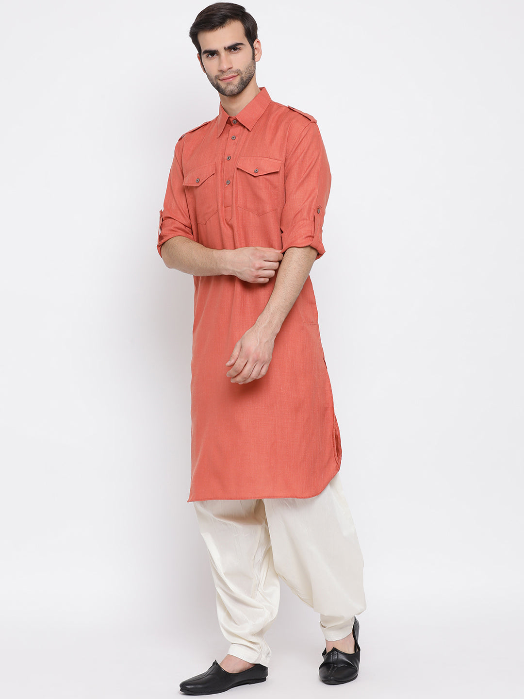 Vastramay Men's Pink Cotton Blend Pathani Kurta Set - Distacart