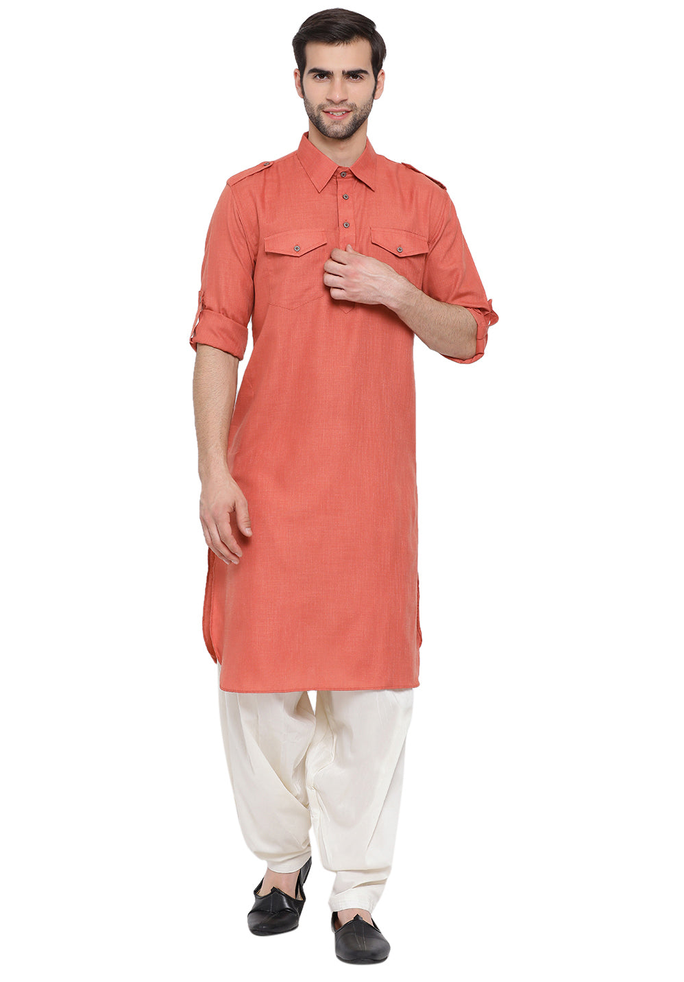 Vastramay Men's Pink Cotton Blend Pathani Kurta Set - Distacart