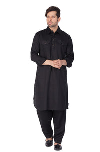 Thumbnail for Vastramay Men's Black Cotton Blend Pathani Kurta Set - Distacart