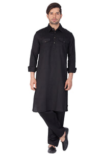 Thumbnail for Vastramay Men's Black Cotton Blend Pathani Kurta Set - Distacart