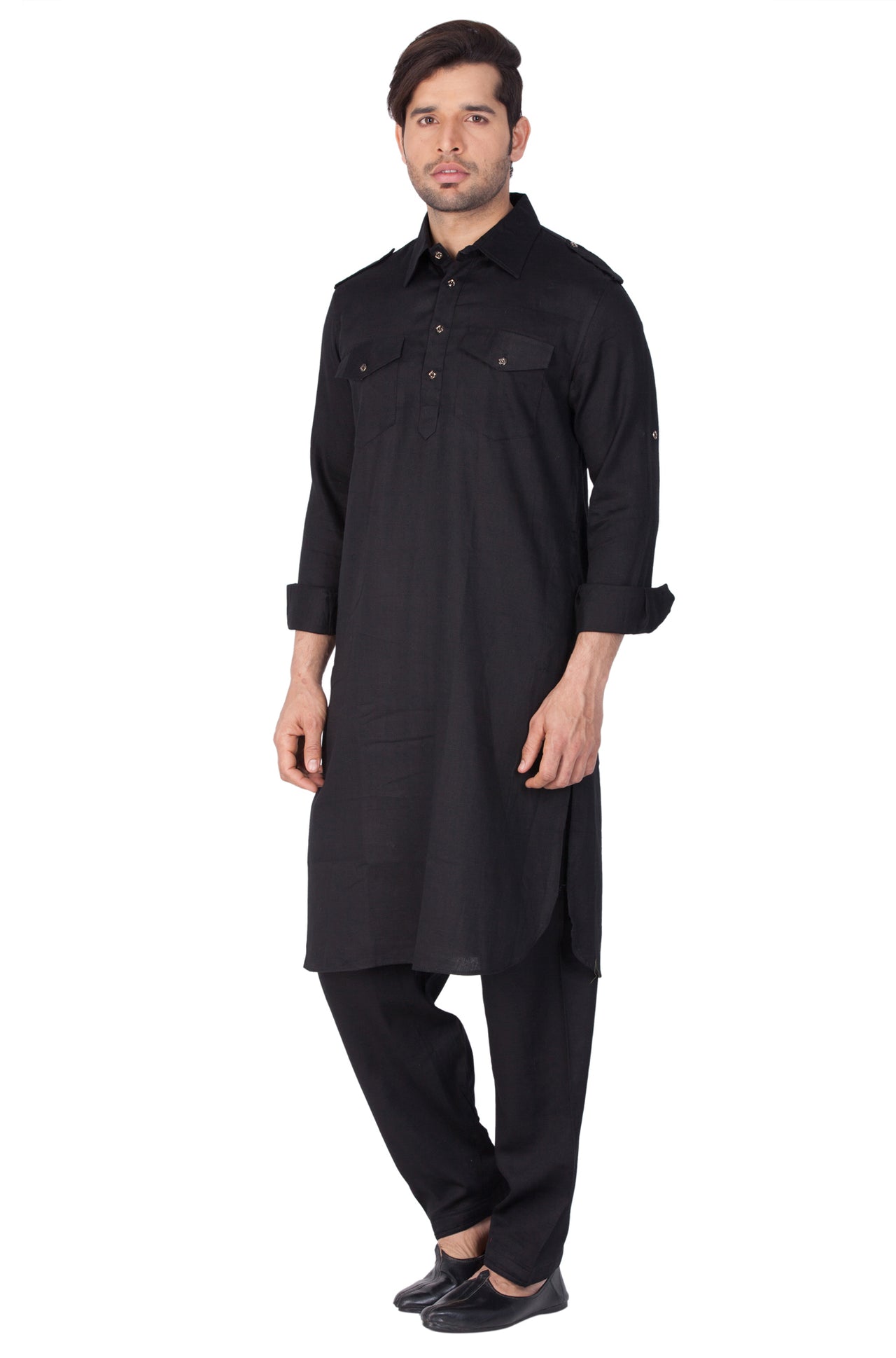 Vastramay Men's Black Cotton Blend Pathani Kurta Set - Distacart