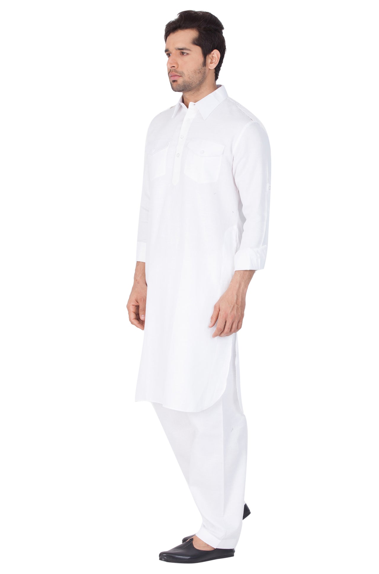 Vastramay Men's White Cotton Blend Pathani Kurta Set - Distacart