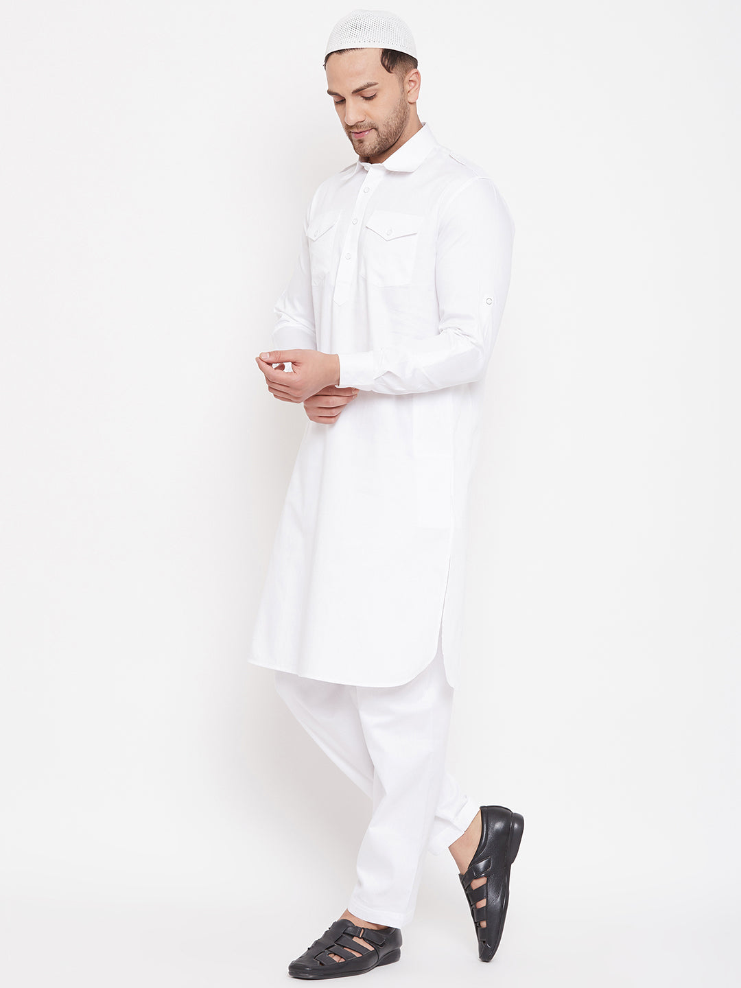 Vastramay Men's White Cotton Blend Pathani Kurta Set - Distacart